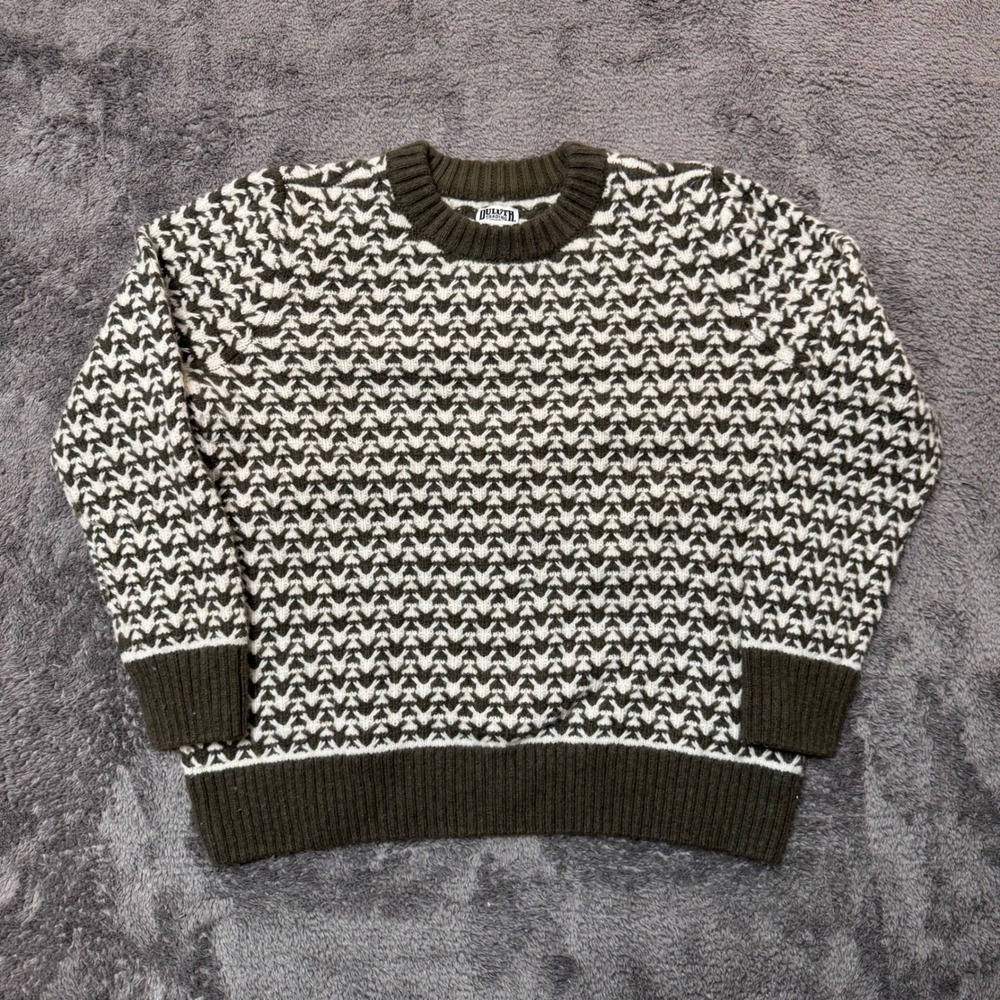 Duluth Trading Co Mens XL Olive Green Cream Geometric Knit Crew Neck Sweater